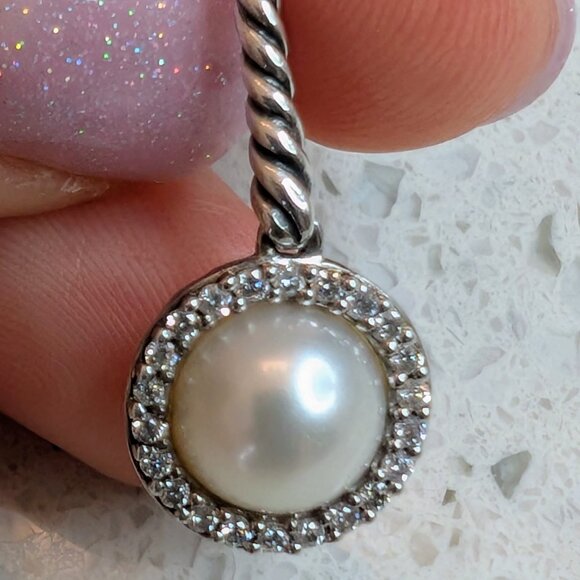 David Yurman Pearl and Pave Diamond Sterling Silver Cable Drop Earrings - RARE - Picture 5 of 7